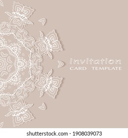 Invitation or Card template with lacе frame border, doodle line pattern, mandala element. Decorative openwork filigree art background for Wedding, Valentine's day greeting card, Birthday Invitation