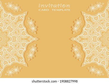 Invitation or Card template with lacе frame border, doodle line pattern, mandala element. Decorative openwork filigree art background for Wedding, Valentine's day greeting card, Birthday Invitation