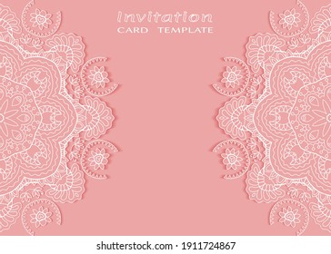 Invitation or Card template with lacе frame border, doodle line pattern, mandala element. Decorative openwork filigree art background for Wedding, Valentine's day greeting card, Birthday Invitation