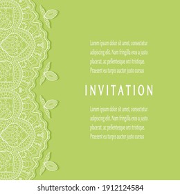 Plantilla de invitación o tarjeta con borde de marco е lacado, patrón de línea de doodle, elemento mandala. Fondo decorativo de arte de fibra de trabajo abierto para boda, tarjeta de saludo de San Valentín, invitación de cumpleaños