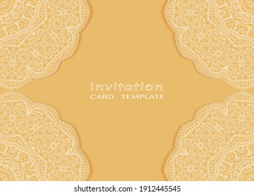 Invitation or Card template with lacе frame border, doodle line pattern, mandala element. Decorative openwork filigree art background for Wedding, Valentine's day greeting card, Birthday Invitation