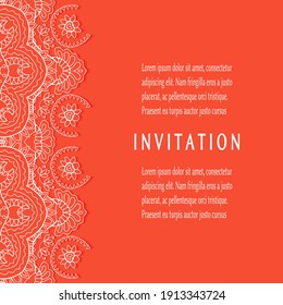 Plantilla de invitación o tarjeta con borde de marco е lacado, patrón de línea de doodle, elemento mandala. Fondo decorativo de arte de fibra de trabajo abierto para boda, tarjeta de saludo de San Valentín, invitación de cumpleaños