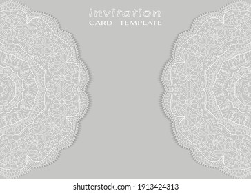 Invitation or Card template with lacе frame border, doodle line pattern, mandala element. Decorative openwork filigree art background for Wedding, Valentine's day greeting card, Birthday Invitation