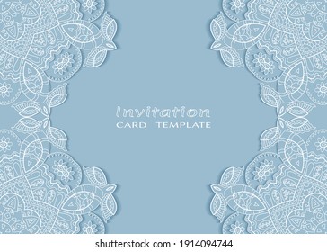 Invitation or Card template with lacе frame border, doodle line pattern, mandala element. Decorative openwork filigree art background for Wedding, Valentine's day greeting card, Birthday Invitation