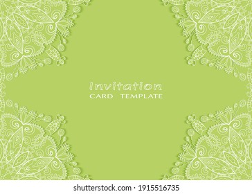 Plantilla de invitación o tarjeta con borde de marco е lacado, patrón de línea de doodle, elemento mandala. Fondo decorativo de arte de fibra de trabajo abierto para boda, tarjeta de saludo de San Valentín, invitación de cumpleaños