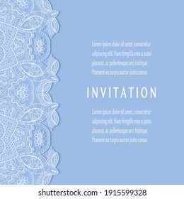 Invitation or Card template with lacе frame border, doodle line pattern, mandala element. Decorative openwork filigree art background for Wedding, Valentine's day greeting card, Birthday Invitation