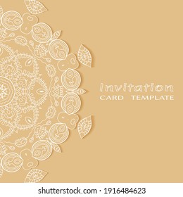 Invitation or Card template with lacе frame border, doodle line pattern, mandala element. Decorative openwork filigree art background for Wedding, Valentine's day greeting card, Birthday Invitation