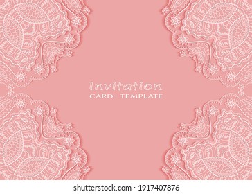 Invitation or Card template with lacе frame border, doodle line pattern, mandala element. Decorative openwork filigree art background for Wedding, Valentine's day greeting card, Birthday Invitation