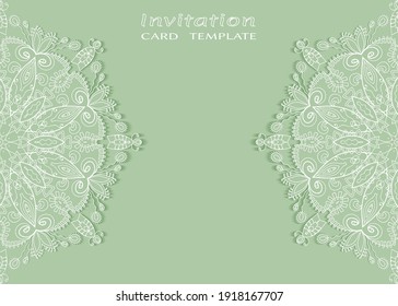 Invitation or Card template with lacе frame border, doodle line pattern, mandala element. Decorative openwork filigree art background for Wedding, Valentine's day greeting card, Birthday Invitation