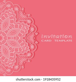 Invitation or Card template with lacе frame border, doodle line pattern, mandala element. Decorative openwork filigree art background for Wedding, Valentine's day greeting card, Birthday Invitation