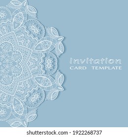 Invitation or Card template with lacе frame border, doodle line pattern, mandala element. Decorative openwork filigree art background for Wedding, Valentine's day greeting card, Birthday Invitation