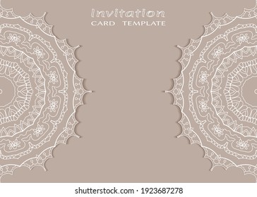 Invitation or Card template with lacе frame border, doodle line pattern, mandala element. Decorative openwork filigree art background for Wedding, Valentine's day greeting card, Birthday Invitation