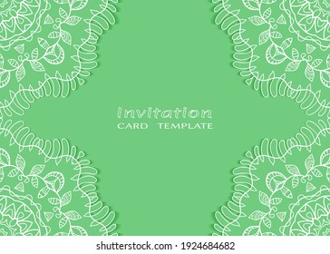 Invitation or Card template with lacе frame border, doodle line pattern, mandala element. Decorative openwork filigree art background for Wedding, Valentine's day greeting card, Birthday Invitation