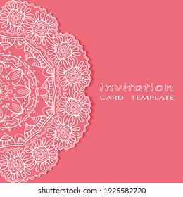 Invitation or Card template with lacе frame border, doodle line pattern, mandala element. Decorative openwork filigree art background for Wedding, Valentine's day greeting card, Birthday Invitation