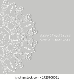 Invitation or Card template with lacе frame border, doodle line pattern, mandala element. Decorative openwork filigree art background for Wedding, Valentine's day greeting card, Birthday Invitation