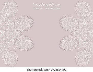 Invitation or Card template with lacе frame border, doodle line pattern, mandala element. Decorative openwork filigree art background for Wedding, Valentine's day greeting card, Birthday Invitation
