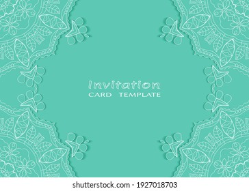 Invitation or Card template with lacе frame border, doodle line pattern, mandala element. Decorative openwork filigree art background for Wedding, Valentine's day greeting card, Birthday Invitation