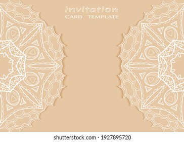 Plantilla de invitación o tarjeta con borde de marco е lacado, patrón de línea de doodle, elemento mandala. Fondo decorativo de arte de fibra de trabajo abierto para boda, tarjeta de saludo de San Valentín, invitación de cumpleaños