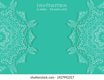 Invitation or Card template with lacе frame border, doodle line pattern, mandala element. Decorative openwork filigree art background for Wedding, Valentine's day greeting card, Birthday Invitation