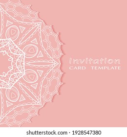 Invitation or Card template with lacе frame border, doodle line pattern, mandala element. Decorative openwork filigree art background for Wedding, Valentine's day greeting card, Birthday Invitation