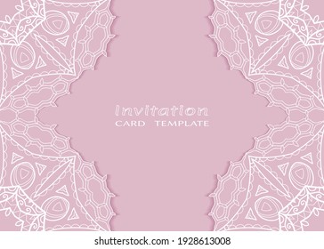 Invitation or Card template with lacе frame border, doodle line pattern, mandala element. Decorative openwork filigree art background for Wedding, Valentine's day greeting card, Birthday Invitation