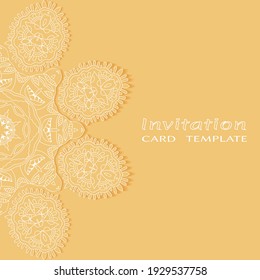 Invitation or Card template with lacе frame border, doodle line pattern, mandala element. Decorative openwork filigree art background for Wedding, Valentine's day greeting card, Birthday Invitation