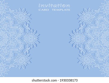 Invitation or Card template with lacе frame border, doodle line pattern, mandala element. Decorative openwork filigree art background for Wedding, Valentine's day greeting card, Birthday Invitation