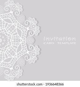 Invitation or Card template with lacе frame border, doodle line pattern, mandala element. Decorative openwork filigree art background for Wedding, Valentine's day greeting card, Birthday Invitation