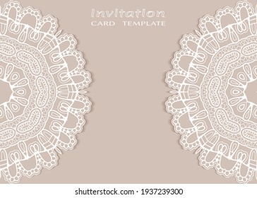 Plantilla de invitación o tarjeta con borde de marco е lacado, patrón de línea de doodle, elemento mandala. Fondo decorativo de arte de fibra de trabajo abierto para boda, tarjeta de saludo de San Valentín, invitación de cumpleaños