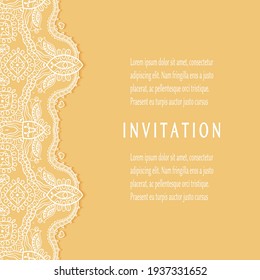 Invitation or Card template with lacе frame border, doodle line pattern, mandala element. Decorative openwork filigree art background for Wedding, Valentine's day greeting card, Birthday Invitation