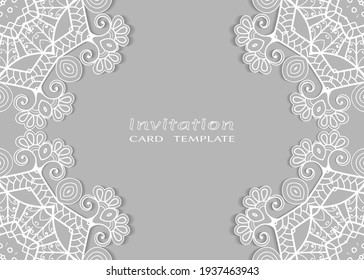 Invitation or Card template with lacе frame border, doodle line pattern, mandala element. Decorative openwork filigree art background for Wedding, Valentine's day greeting card, Birthday Invitation