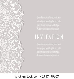 Invitation or Card template with lacе frame border, doodle line pattern, mandala element. Decorative openwork filigree art background for Wedding, Valentine's day greeting card, Birthday Invitation