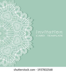 Invitation or Card template with lacе frame border, doodle line pattern, mandala element. Decorative openwork filigree art background for Wedding, Valentine's day greeting card, Birthday Invitation