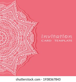 Invitation or Card template with lacе frame border, doodle line pattern, mandala element. Decorative openwork filigree art background for Wedding, Valentine's day greeting card, Birthday Invitation