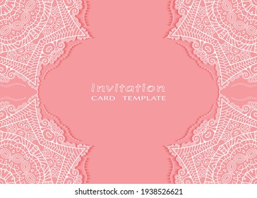 Invitation or Card template with lacе frame border, doodle line pattern, mandala element. Decorative openwork filigree art background for Wedding, Valentine's day greeting card, Birthday Invitation