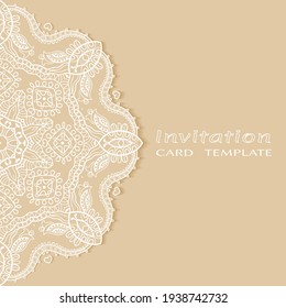 Invitation or Card template with lacе frame border, doodle line pattern, mandala element. Decorative openwork filigree art background for Wedding, Valentine's day greeting card, Birthday Invitation