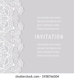 Invitation or Card template with lacе frame border, doodle line pattern, mandala element. Decorative openwork filigree art background for Wedding, Valentine's day greeting card, Birthday Invitation