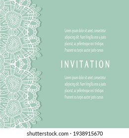 Invitation or Card template with lacе frame border, doodle line pattern, mandala element. Decorative openwork filigree art background for Wedding, Valentine's day greeting card, Birthday Invitation