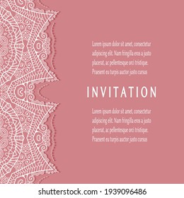 Plantilla de invitación o tarjeta con borde de marco е lacado, patrón de línea de doodle, elemento mandala. Fondo decorativo de arte de fibra de trabajo abierto para boda, tarjeta de saludo de San Valentín, invitación de cumpleaños