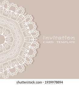 Invitation or Card template with lacе frame border, doodle line pattern, mandala element. Decorative openwork filigree art background for Wedding, Valentine's day greeting card, Birthday Invitation