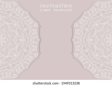 Invitation or Card template with lacе frame border, doodle line pattern, mandala element. Decorative openwork filigree art background for Wedding, Valentine's day greeting card, Birthday Invitation