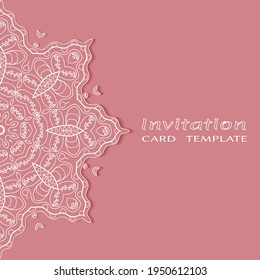 Invitation or Card template with lacе frame border, doodle line pattern, mandala element. Decorative openwork filigree art background for Wedding, Valentine's day greeting card, Birthday Invitation