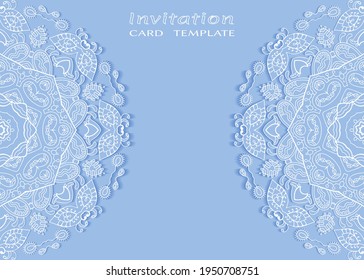 Invitation or Card template with lacе frame border, doodle line pattern, mandala element. Decorative openwork filigree art background for Wedding, Valentine's day greeting card, Birthday Invitation