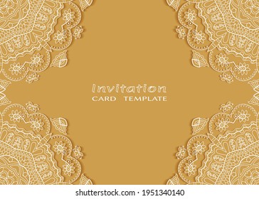 Invitation or Card template with lacе frame border, doodle line pattern, mandala element. Decorative openwork filigree art background for Wedding, Valentine's day greeting card, Birthday Invitation