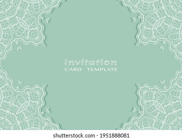 Plantilla de invitación o tarjeta con borde de marco е lacado, patrón de línea de doodle, elemento mandala. Fondo decorativo de arte de fibra de trabajo abierto para boda, tarjeta de saludo de San Valentín, invitación de cumpleaños