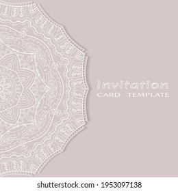 Invitation or Card template with lacе frame border, doodle line pattern, mandala element. Decorative openwork filigree art background for Wedding, Valentine's day greeting card, Birthday Invitation