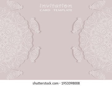 Invitation or Card template with lacе frame border, doodle line pattern, mandala element. Decorative openwork filigree art background for Wedding, Valentine's day greeting card, Birthday Invitation