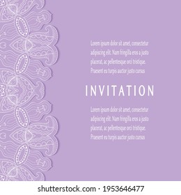Plantilla de invitación o tarjeta con borde de marco е lacado, patrón de línea de doodle, elemento mandala. Fondo decorativo de arte de fibra de trabajo abierto para boda, tarjeta de saludo de San Valentín, invitación de cumpleaños