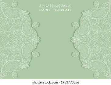 Plantilla de invitación o tarjeta con borde de marco е lacado, patrón de línea de doodle, elemento mandala. Fondo decorativo de arte de fibra de trabajo abierto para boda, tarjeta de saludo de San Valentín, invitación de cumpleaños