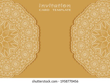 Invitation or Card template with lacе frame border, doodle line pattern, mandala element. Decorative openwork filigree art background for Wedding, Valentine's day greeting card, Birthday Invitation